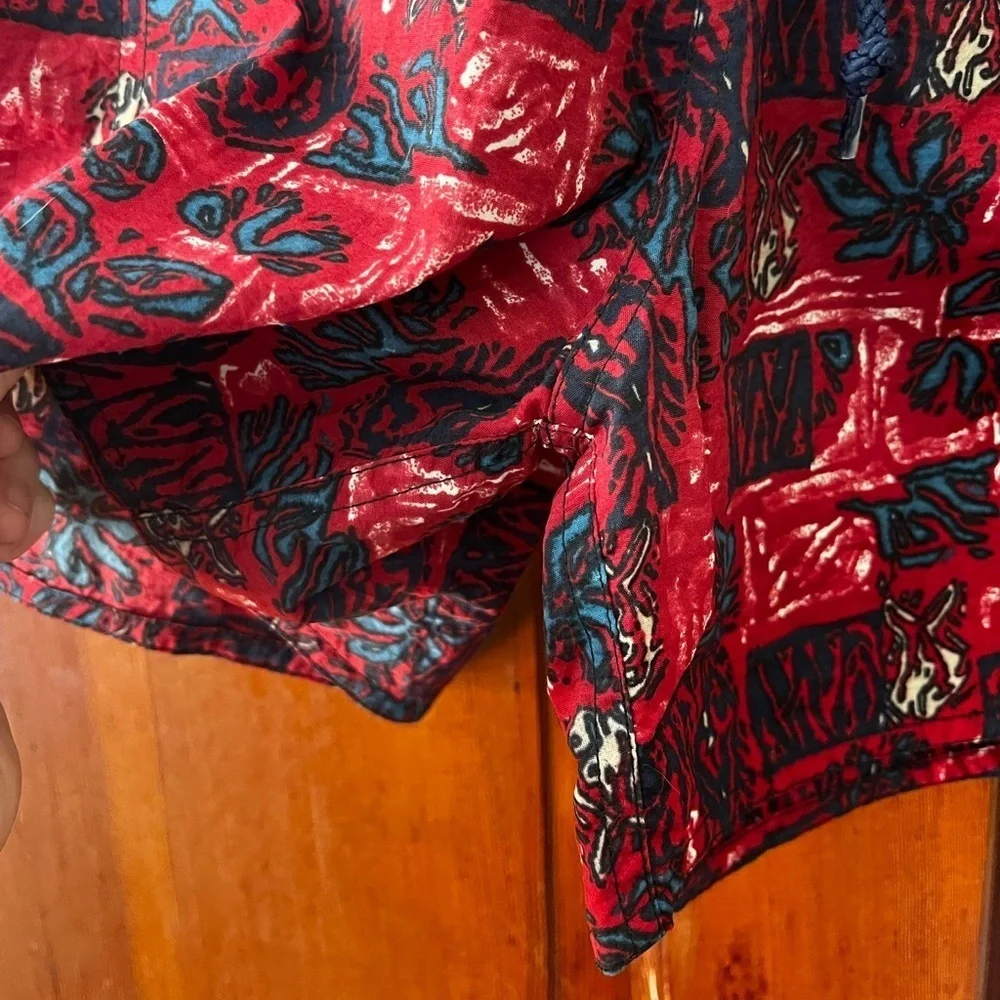 Vintage Newpork Blue Nylon Swim Shorts XL – Red & Teal Abstract Print Mesh Lined